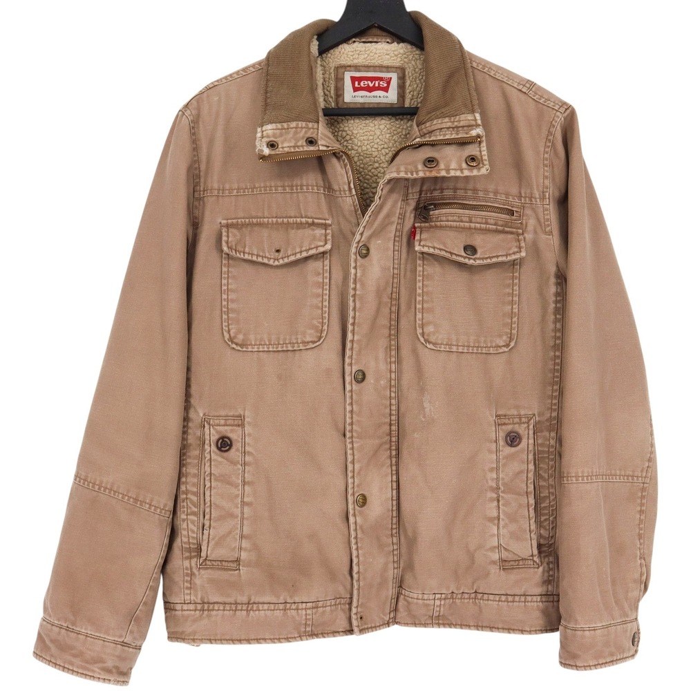 Levis Mens Tan Brown Cotton Canvas Sherpa Lined Field Workwear Jacket Size M